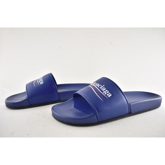 Balenciaga Blue Leather Campaign Logo Slide Pool Sandal Flip Flop Flat 44 11